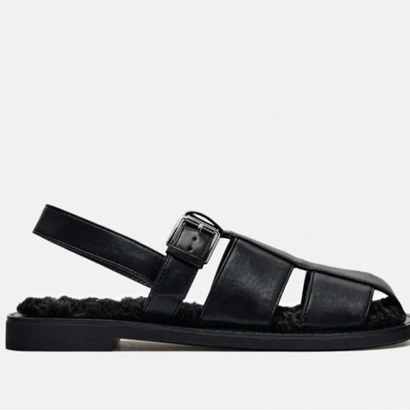 🆕Zara Black Faux Fur Lined Flat Cage Sandals 9/40🆕 - Picture 7 of 16